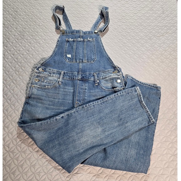 Lucky Brand Distressed Denim Overalls Medium Wash Ripped Straight Leg Blue - Picture 3 of 13